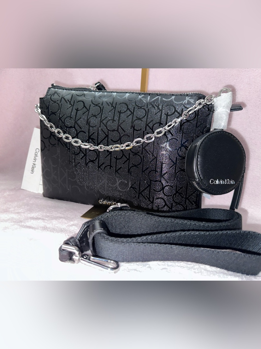 Calvin Klein Black Monogram Crossbody with Silver Chain
